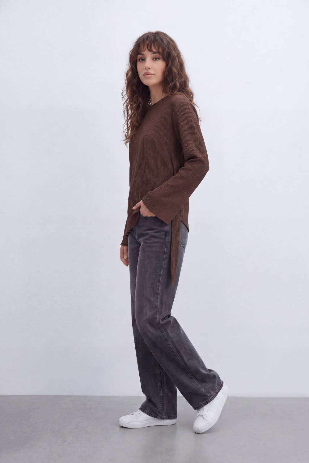 Women’s Tomato Store Wrap Rib Tie Blouse Vertical Ribbed Texture Shapes The Body With Asymmetric Front Hem Side Slit Detail Back Waist Tie