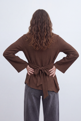 Women’s Tomato Store Wrap Rib Tie Blouse Vertical Ribbed Texture Shapes The Body With Asymmetric Front Hem Side Slit Detail Back Waist Tie