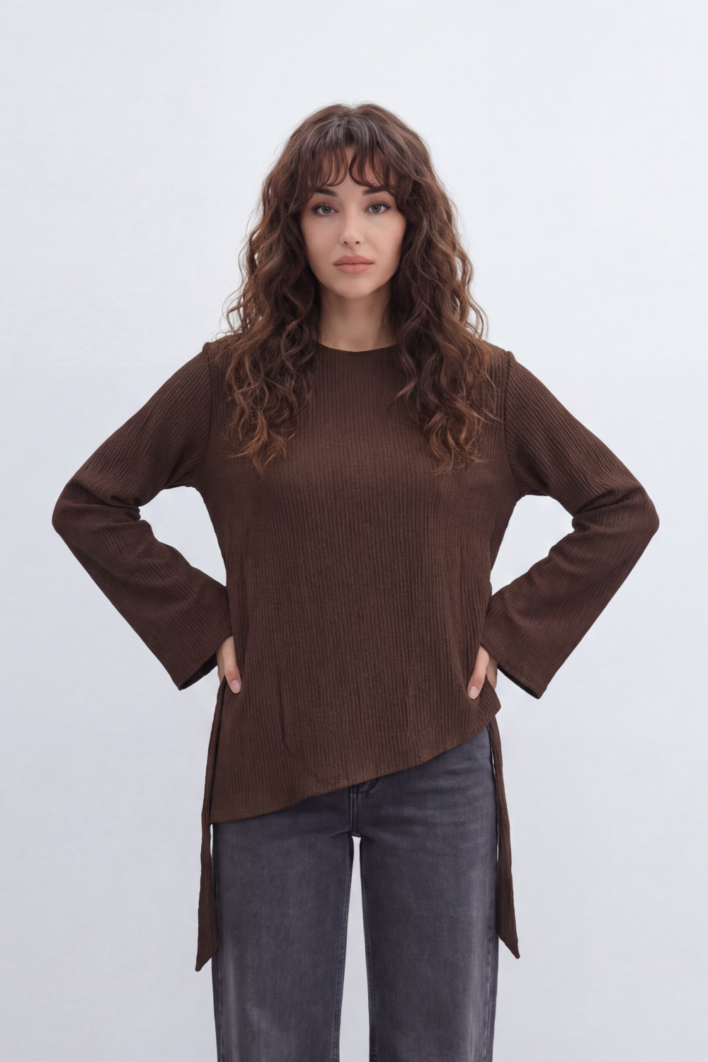 Women’s Tomato Store Wrap Rib Tie Blouse Vertical Ribbed Texture Shapes The Body With Asymmetric Front Hem Side Slit Detail Back Waist Tie