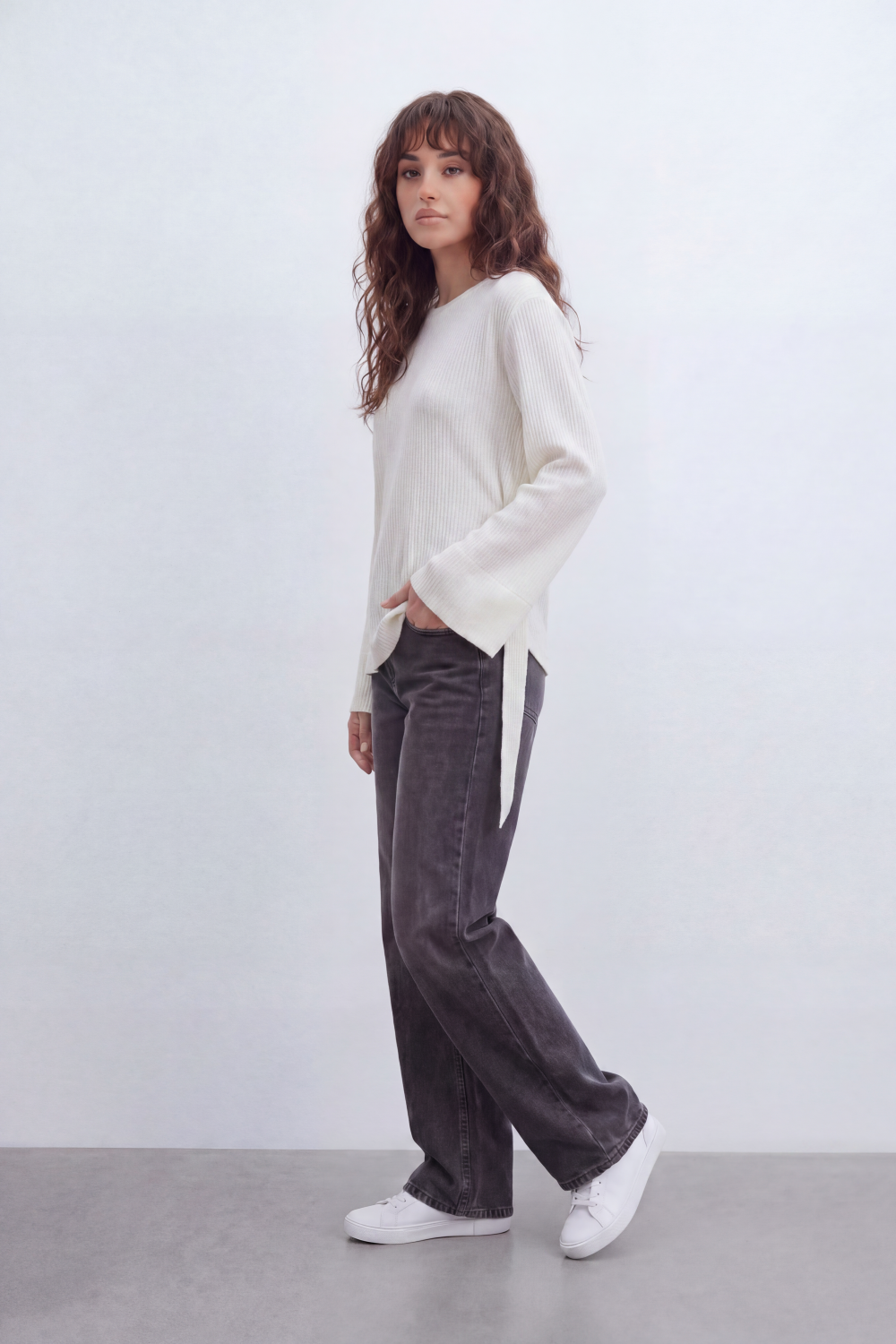 Women’s Tomato Store Wrap Rib Tie Blouse Vertical Ribbed Texture Shapes The Body With Asymmetric Front Hem Side Slit Detail Back Waist Tie
