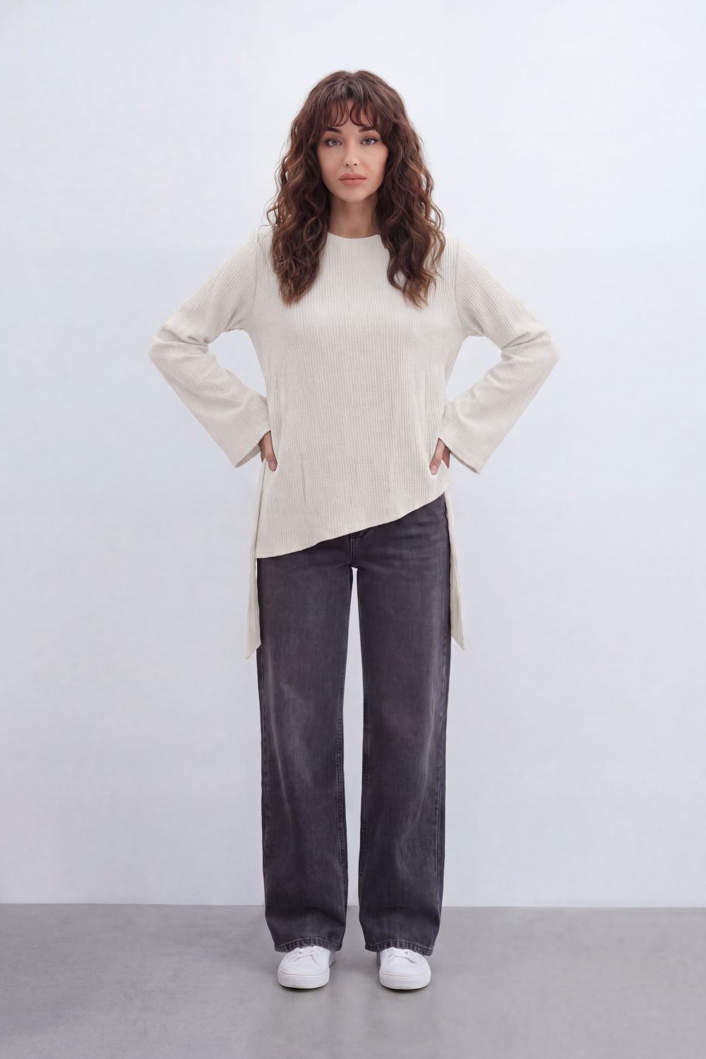 Women’s Tomato Store Wrap Rib Tie Blouse Vertical Ribbed Texture Shapes The Body With Asymmetric Front Hem Side Slit Detail Back Waist Tie