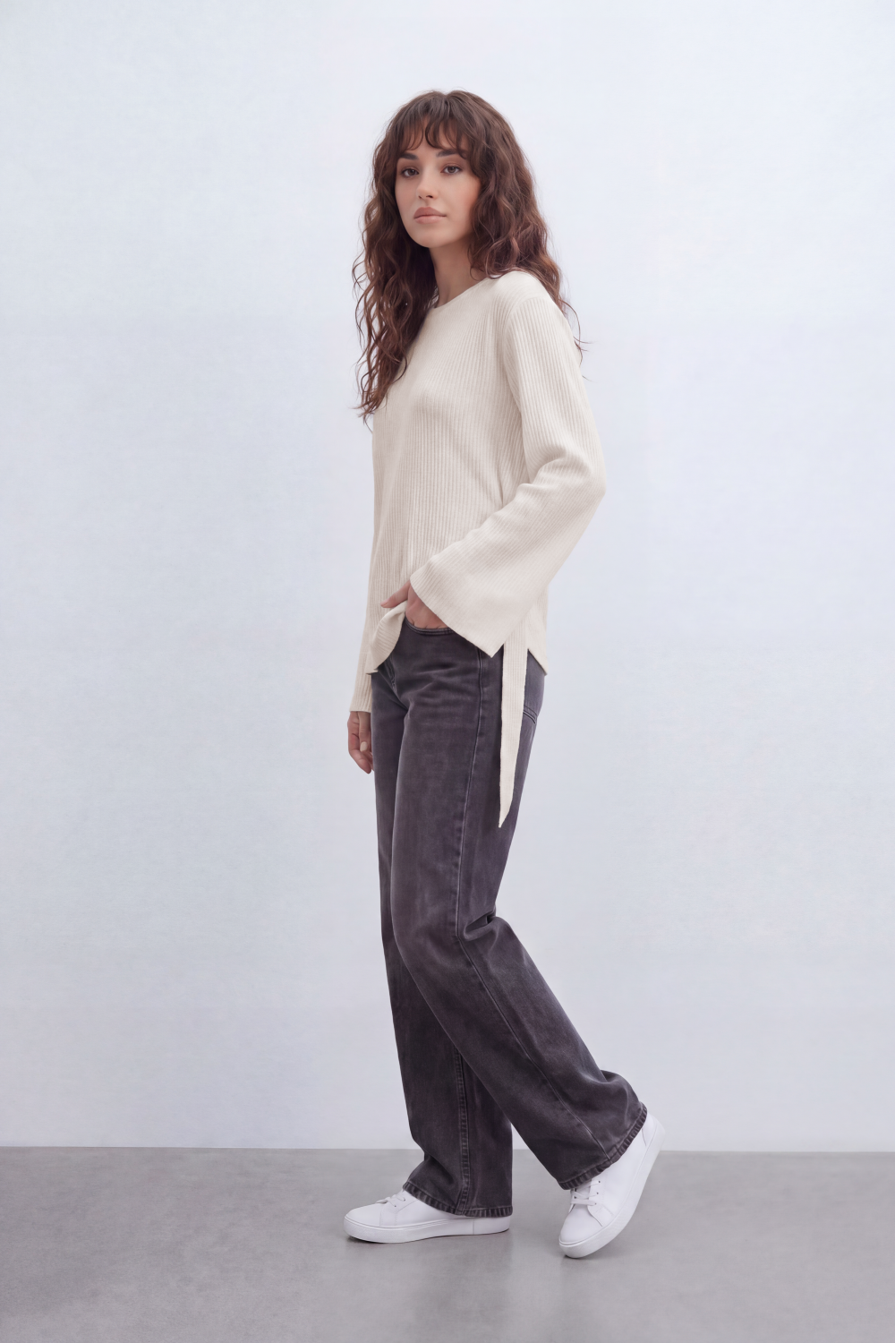 Women’s Tomato Store Wrap Rib Tie Blouse Vertical Ribbed Texture Shapes The Body With Asymmetric Front Hem Side Slit Detail Back Waist Tie