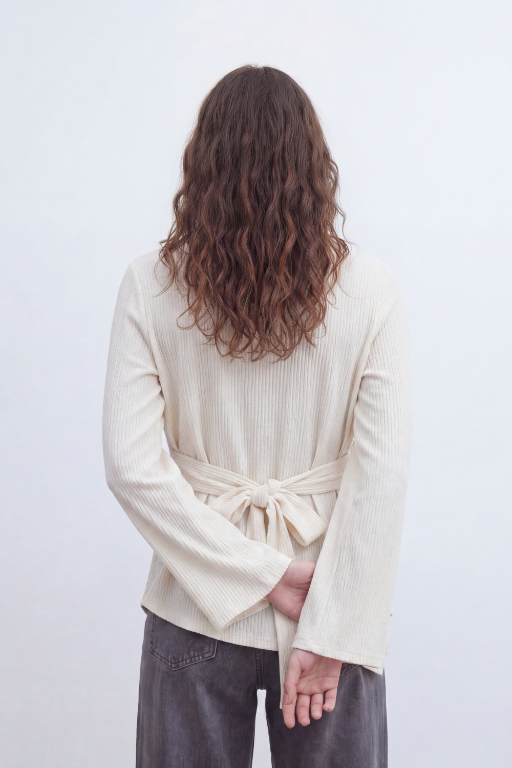 Women’s Tomato Store Wrap Rib Tie Blouse Vertical Ribbed Texture Shapes The Body With Asymmetric Front Hem Side Slit Detail Back Waist Tie