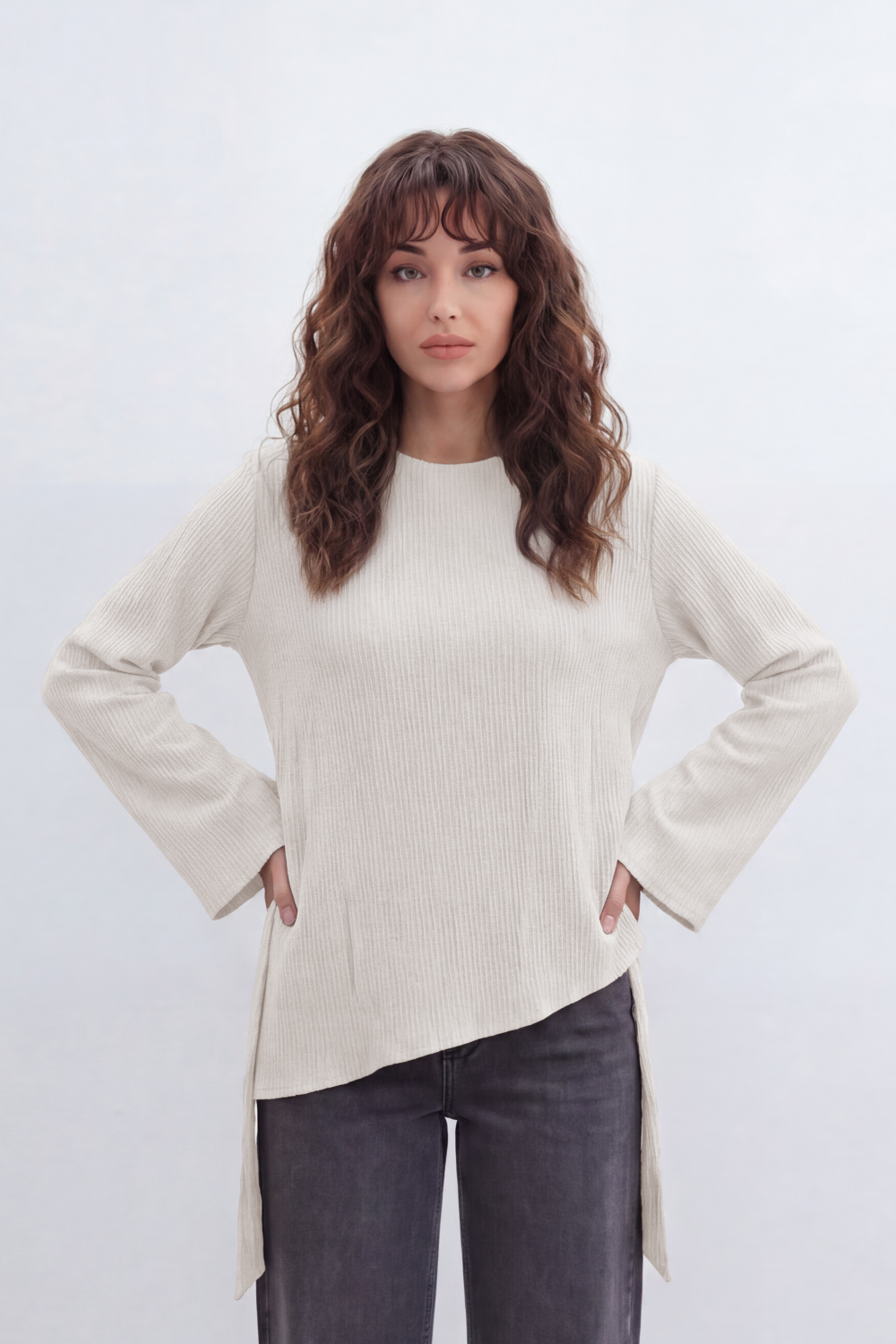 Women’s Tomato Store Wrap Rib Tie Blouse Vertical Ribbed Texture Shapes The Body With Asymmetric Front Hem Side Slit Detail Back Waist Tie