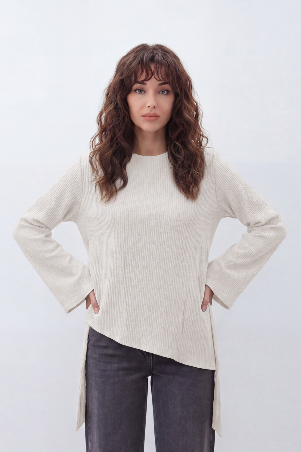Women’s Tomato Store Wrap Rib Tie Blouse Vertical Ribbed Texture Shapes The Body With Asymmetric Front Hem Side Slit Detail Back Waist Tie