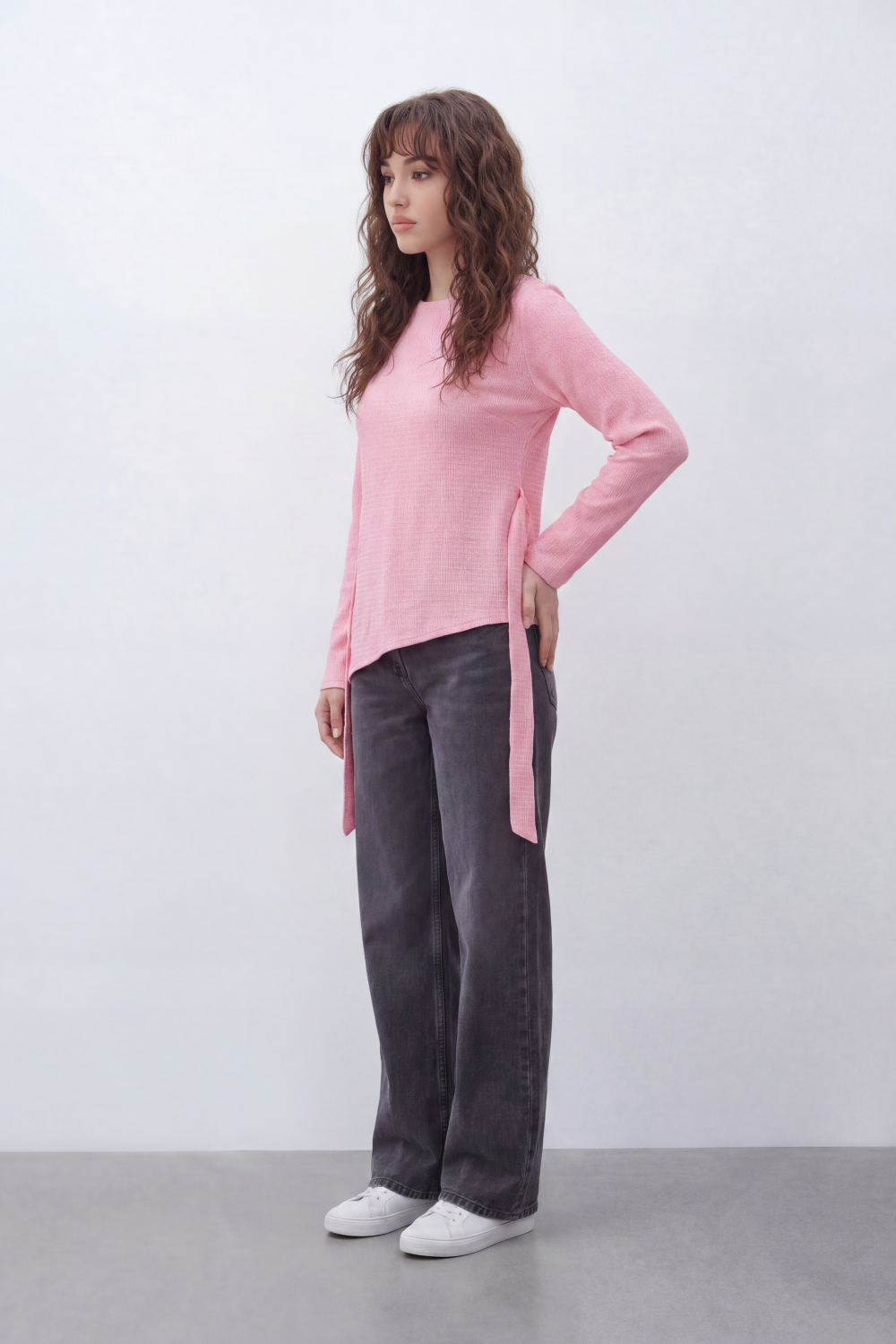 Women’s Tomato Store Wrap Rib Tie Blouse Vertical Ribbed Texture Shapes The Body With Asymmetric Front Hem Side Slit Detail Back Waist Tie