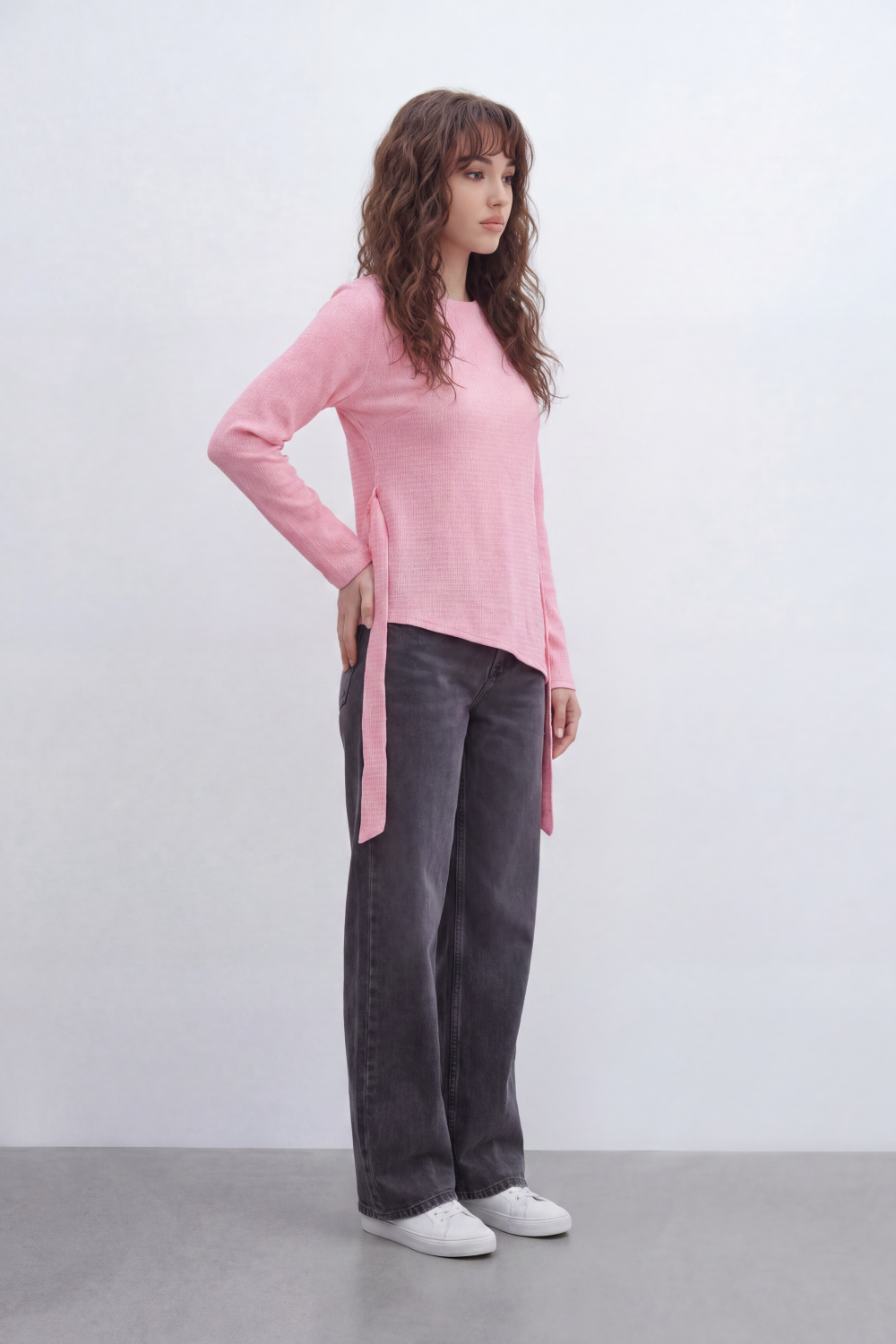 Women’s Tomato Store Wrap Rib Tie Blouse Vertical Ribbed Texture Shapes The Body With Asymmetric Front Hem Side Slit Detail Back Waist Tie