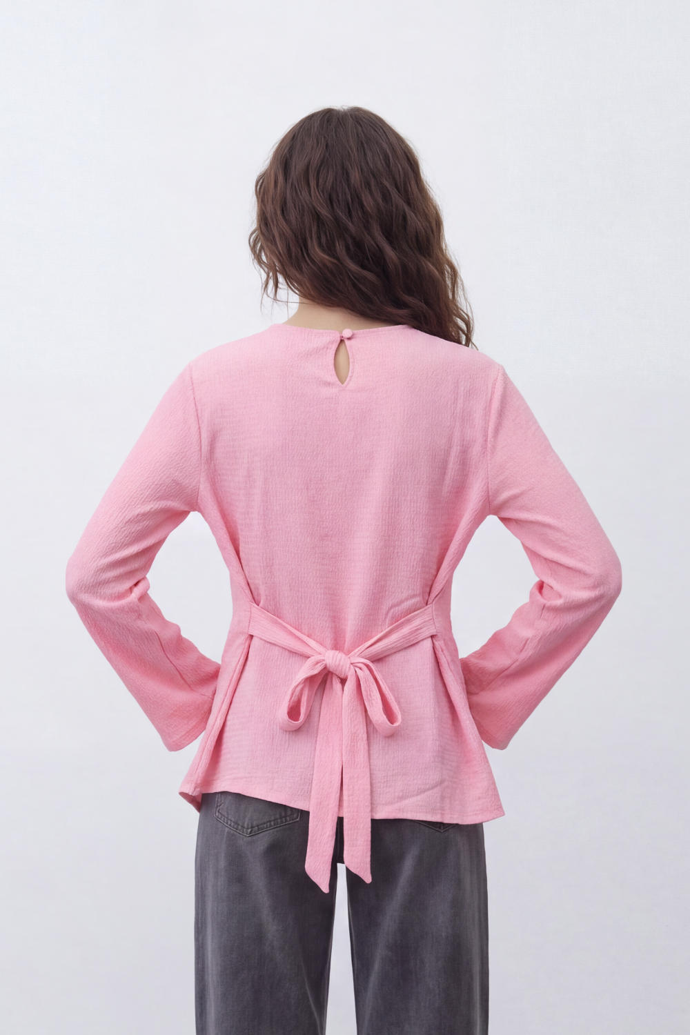 Women’s Tomato Store Wrap Rib Tie Blouse Vertical Ribbed Texture Shapes The Body With Asymmetric Front Hem Side Slit Detail Back Waist Tie