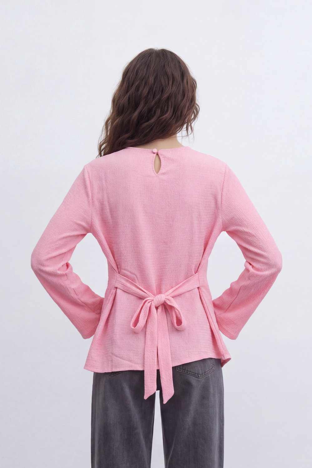 Women’s Tomato Store Wrap Rib Tie Blouse Vertical Ribbed Texture Shapes The Body With Asymmetric Front Hem Side Slit Detail Back Waist Tie