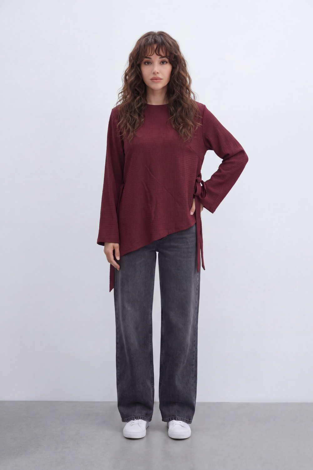 Women’s Tomato Store Wrap Rib Tie Blouse Vertical Ribbed Texture Shapes The Body With Asymmetric Front Hem Side Slit Detail Back Waist Tie