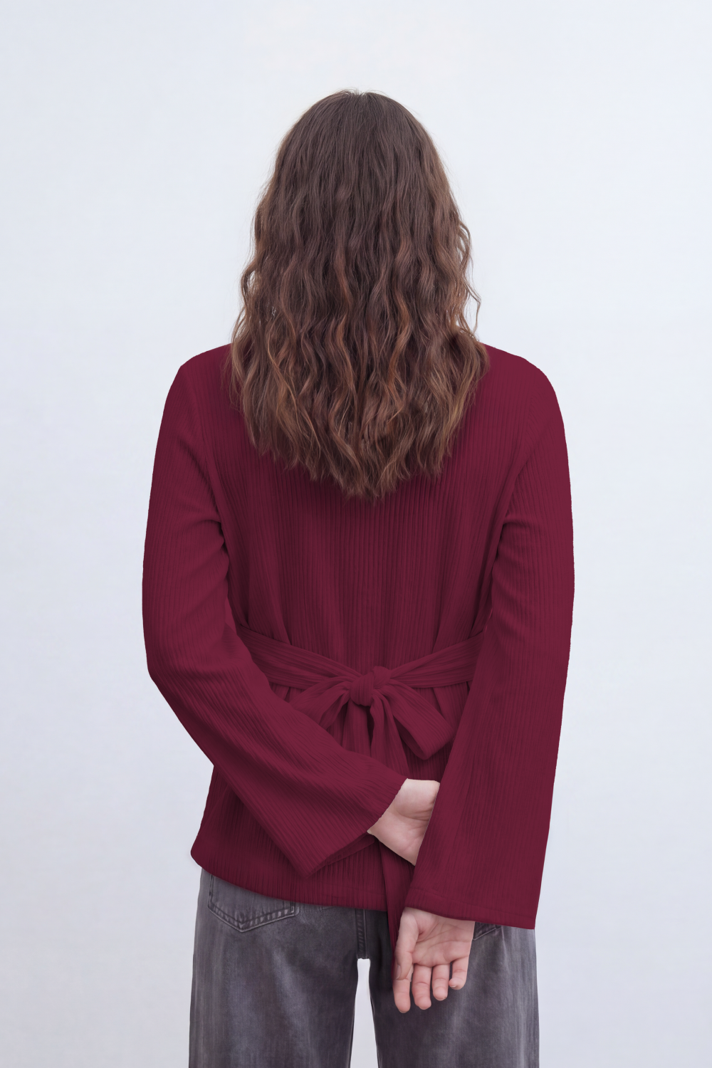 Women’s Tomato Store Wrap Rib Tie Blouse Vertical Ribbed Texture Shapes The Body With Asymmetric Front Hem Side Slit Detail Back Waist Tie
