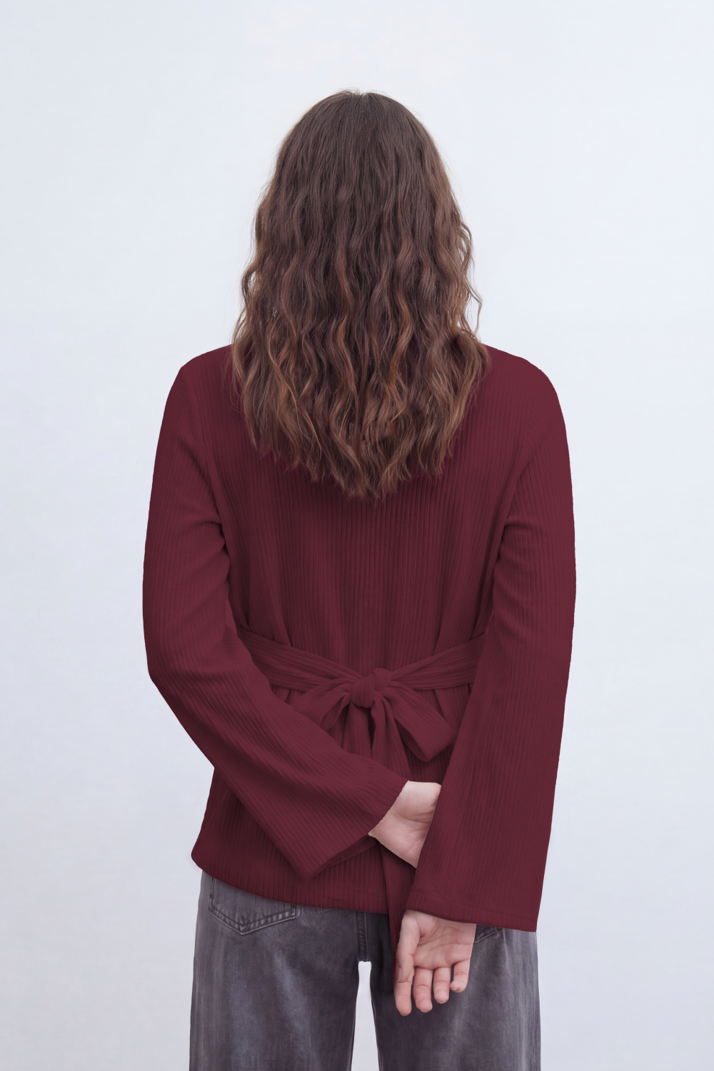Women’s Tomato Store Wrap Rib Tie Blouse Vertical Ribbed Texture Shapes The Body With Asymmetric Front Hem Side Slit Detail Back Waist Tie
