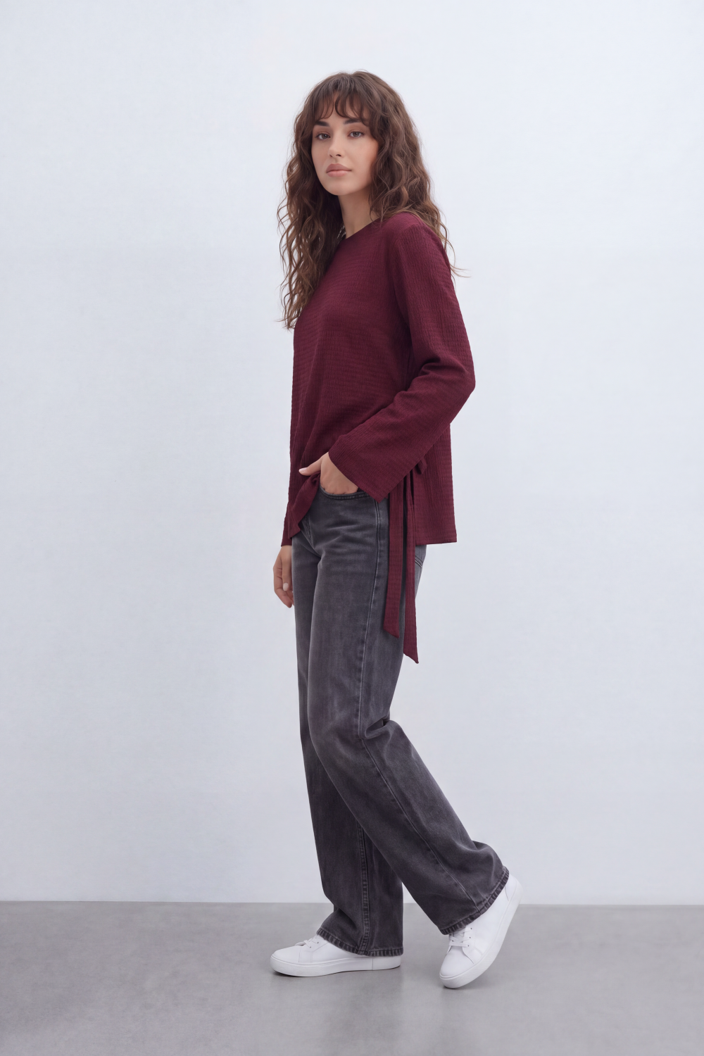 Women’s Tomato Store Wrap Rib Tie Blouse Vertical Ribbed Texture Shapes The Body With Asymmetric Front Hem Side Slit Detail Back Waist Tie