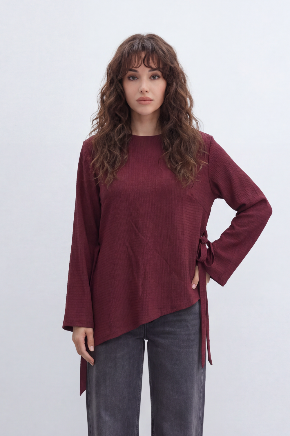 Women’s Tomato Store Wrap Rib Tie Blouse Vertical Ribbed Texture Shapes The Body With Asymmetric Front Hem Side Slit Detail Back Waist Tie