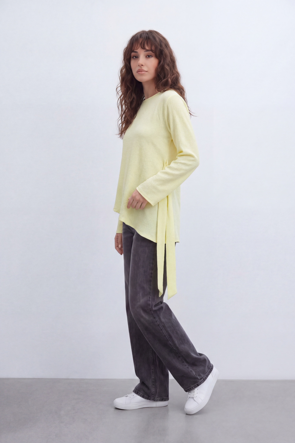Women’s Tomato Store Wrap Rib Tie Blouse Vertical Ribbed Texture Shapes The Body With Asymmetric Front Hem Side Slit Detail Back Waist Tie