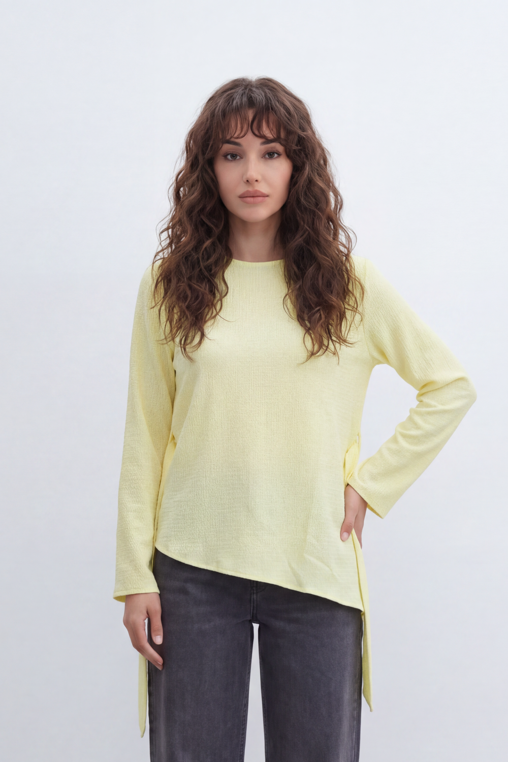 Women’s Tomato Store Wrap Rib Tie Blouse Vertical Ribbed Texture Shapes The Body With Asymmetric Front Hem Side Slit Detail Back Waist Tie