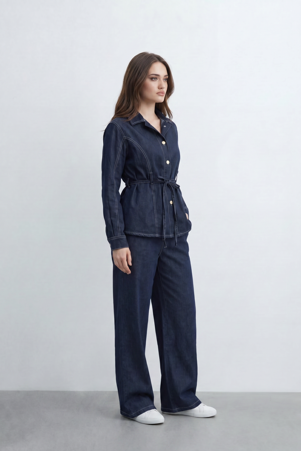 Women’s Tomato Store Denim Tie Waist Co-Ord Set With Washed Denim Texture Contrast Stitch Detailing Button Front Outfit