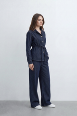 Women’s Tomato Store Denim Tie Waist Co-Ord Set With Washed Denim Texture Contrast Stitch Detailing Button Front Outfit