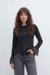 Women’s Tomato Store Romantic Lace Jersey Top Blouse Smooth Solid Body Floral Sheer Lace Texture Lower Hem And Wrist Placement Side Tie Detail Slim Fit