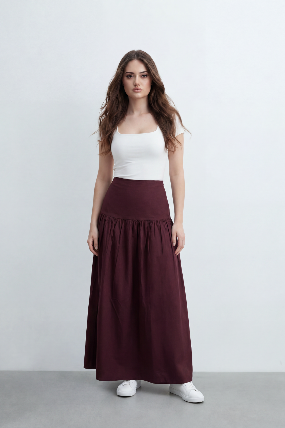 Women’s Tomato Store Sculpted Yoke Maxi Skirt Clean Matte Surface Drop Seam Gathering Builds Soft Volume Natural Crease Finish