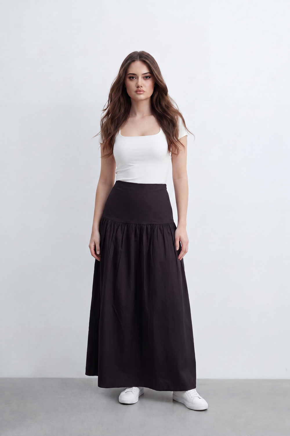 Women’s Tomato Store Gathered Flow Maxi Skirt Plain Matte Surface With Soft Natural Crease Texture Wide Waist Panel Gathered Drop Seam