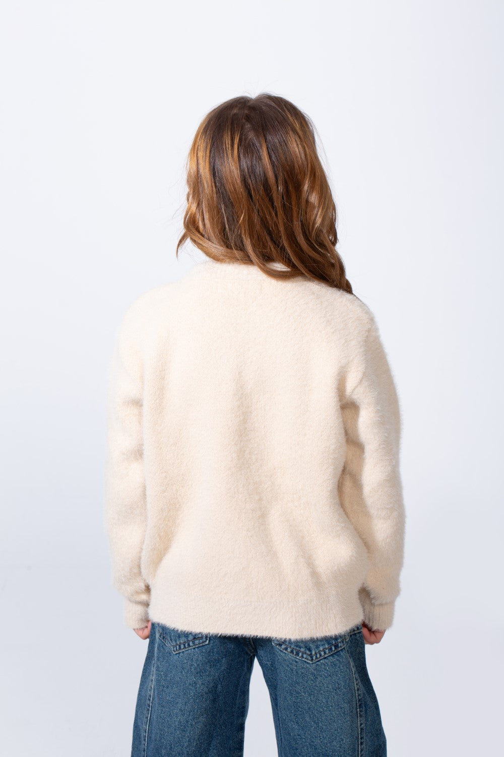 Girl's long Sleeve Round Neck Adorned With Flores Pattern Pearl Button Down Slim Fit Luxurious Knit Warmth Pullover