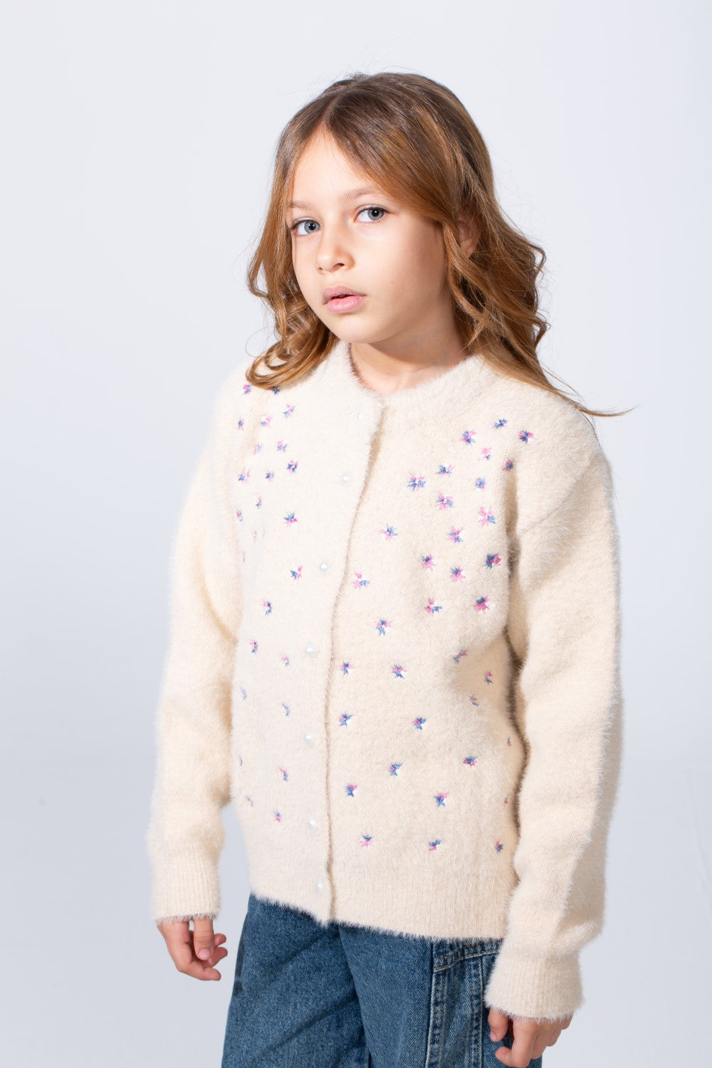 Girl's long Sleeve Round Neck Adorned With Flores Pattern Pearl Button Down Slim Fit Luxurious Knit Warmth Pullover