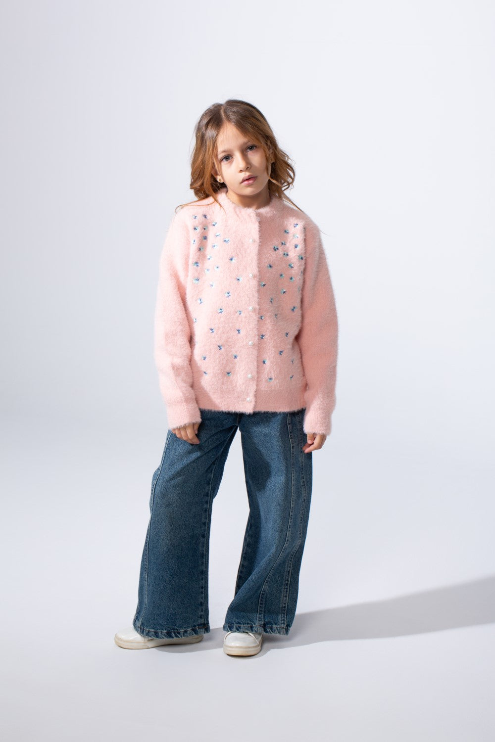 Girl's long Sleeve Round Neck Adorned With Flores Pattern Pearl Button Down Slim Fit Luxurious Knit Warmth Pullover