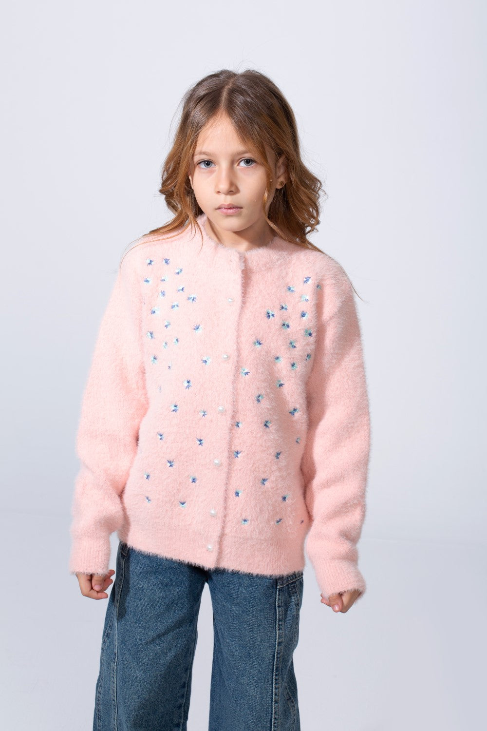 Girl's long Sleeve Round Neck Adorned With Flores Pattern Pearl Button Down Slim Fit Luxurious Knit Warmth Pullover