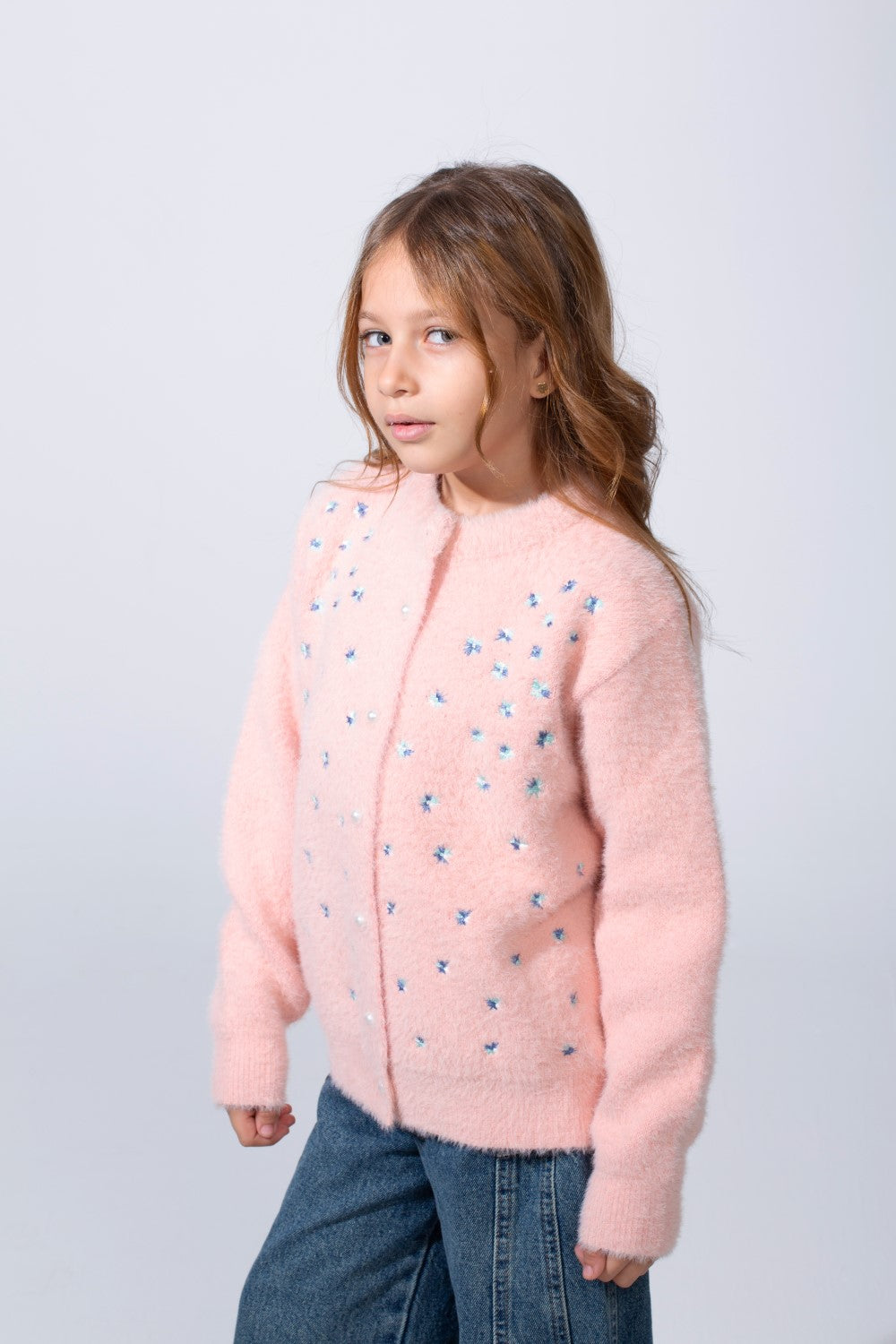 Girl's long Sleeve Round Neck Adorned With Flores Pattern Pearl Button Down Slim Fit Luxurious Knit Warmth Pullover
