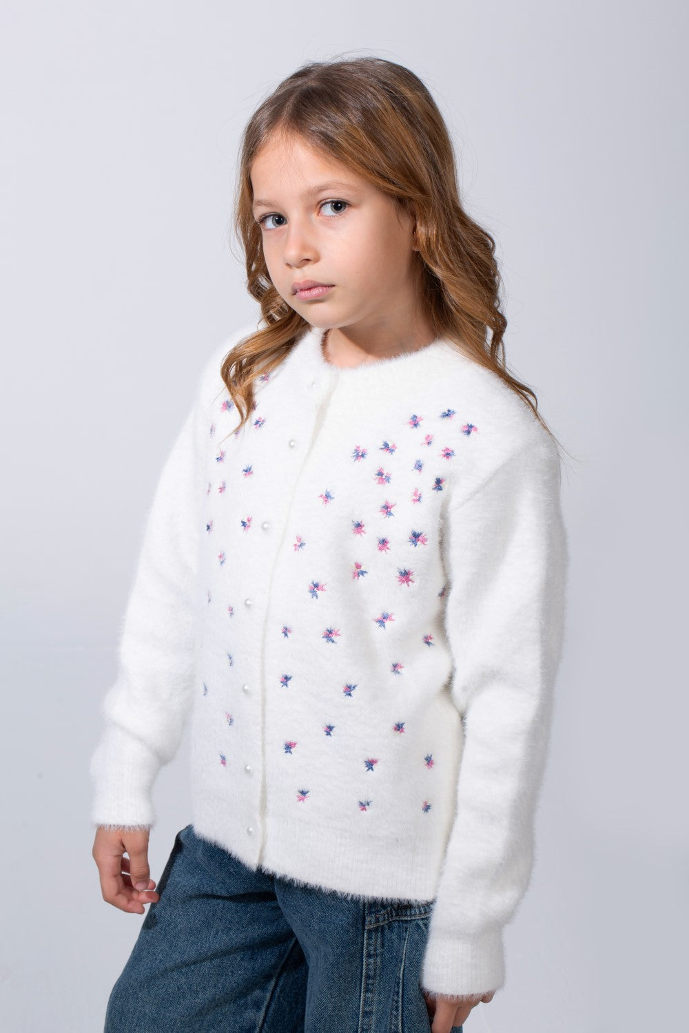 Girl's long Sleeve Round Neck Adorned With Flores Pattern Pearl Button Down Slim Fit Luxurious Knit Warmth Pullover