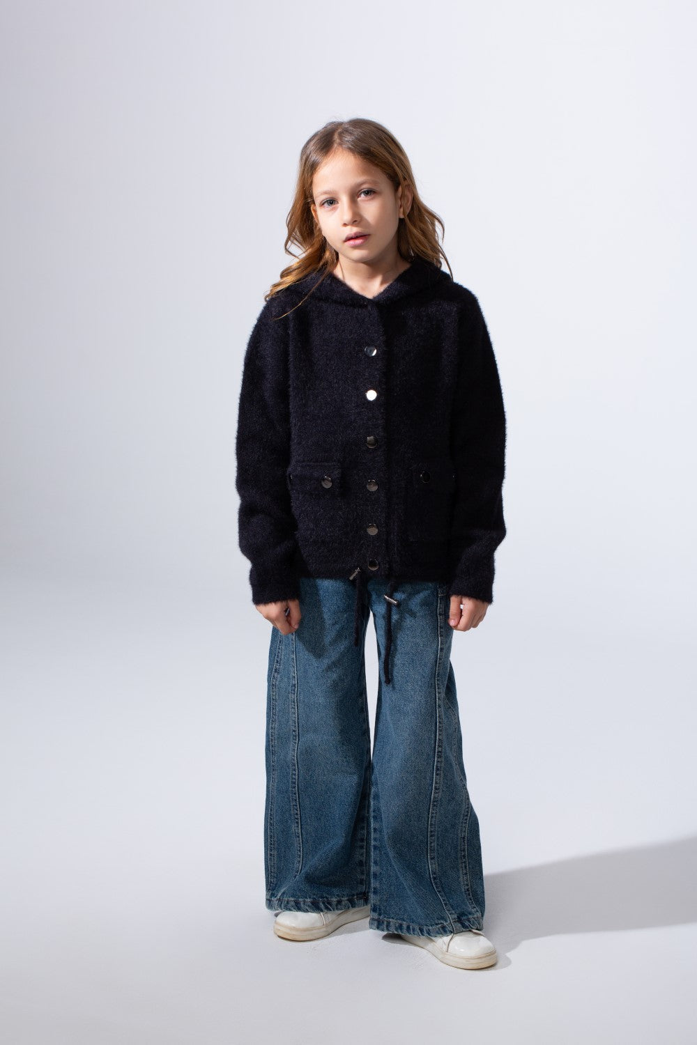 Girl's Slim Fit With Front Button-Down Flaps Pockets Textured Fabric Luxury Warmth Hooded Pullover
