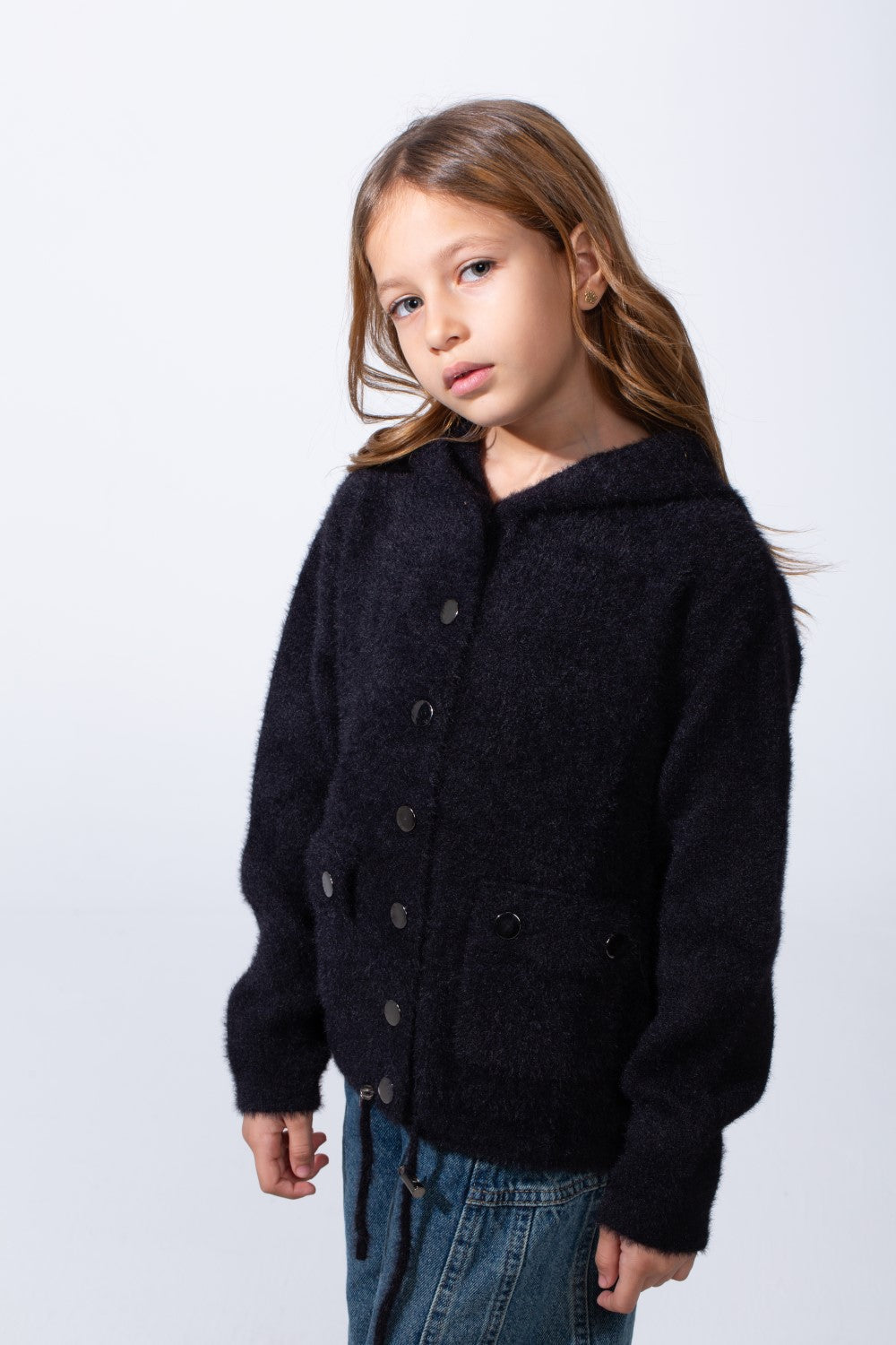 Girl's Slim Fit With Front Button-Down Flaps Pockets Textured Fabric Luxury Warmth Hooded Pullover