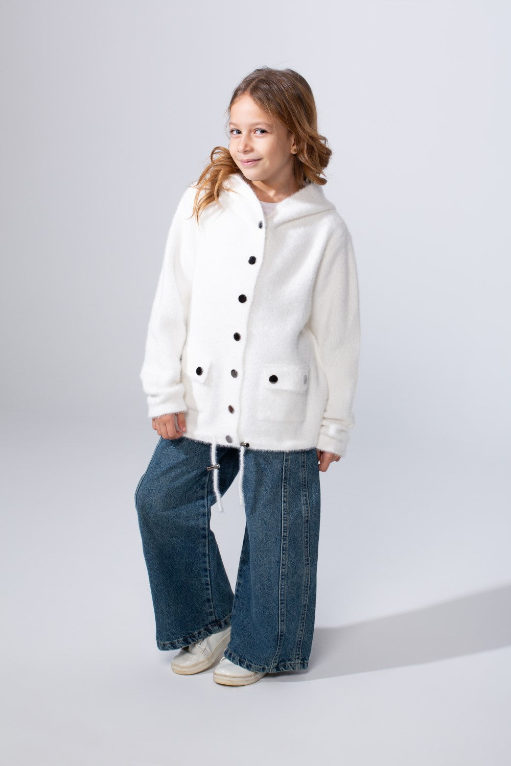 Girl's Slim Fit With Front Button-Down Flaps Pockets Textured Fabric Luxury Warmth Hooded Pullover