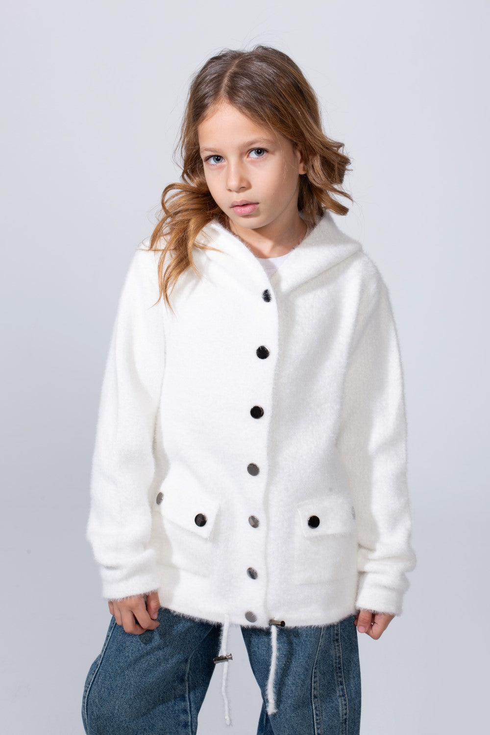 Girl's Slim Fit With Front Button-Down Flaps Pockets Textured Fabric Luxury Warmth Hooded Pullover
