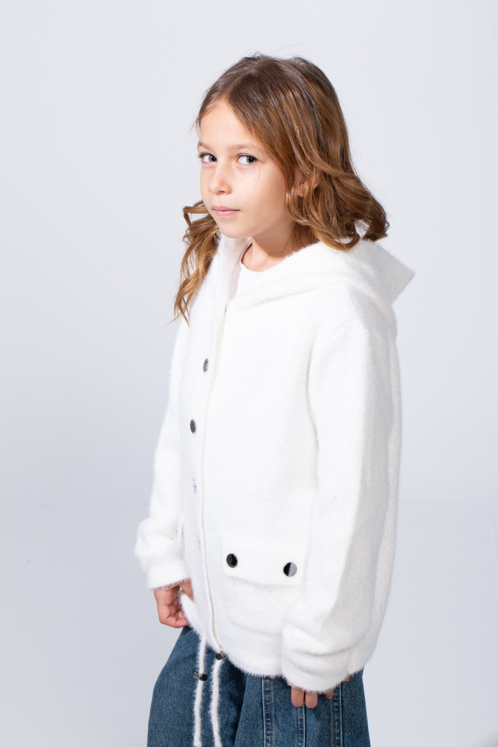 Girl's Slim Fit With Front Button-Down Flaps Pockets Textured Fabric Luxury Warmth Hooded Pullover