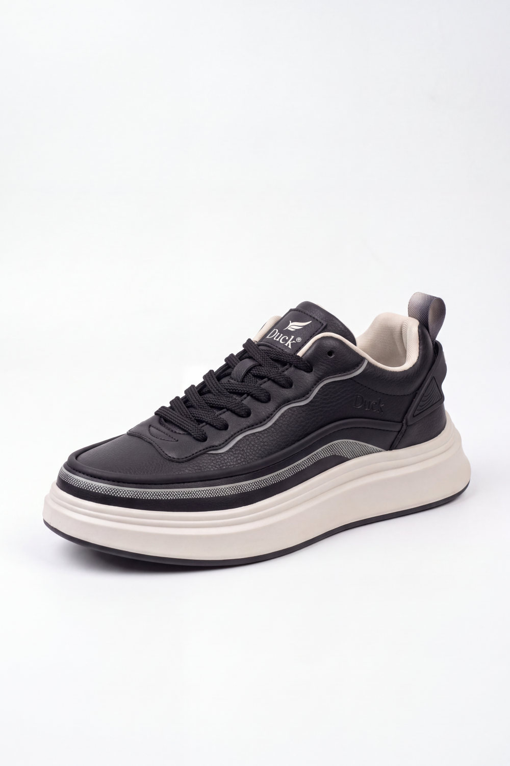 Men's Tomato Store Duck Shoes Runner Sneakers Layered Smooth Panels Mixed Mesh Texture Curved Trim Lines Lace Up Front Pull Tab Detail Duck Shoes