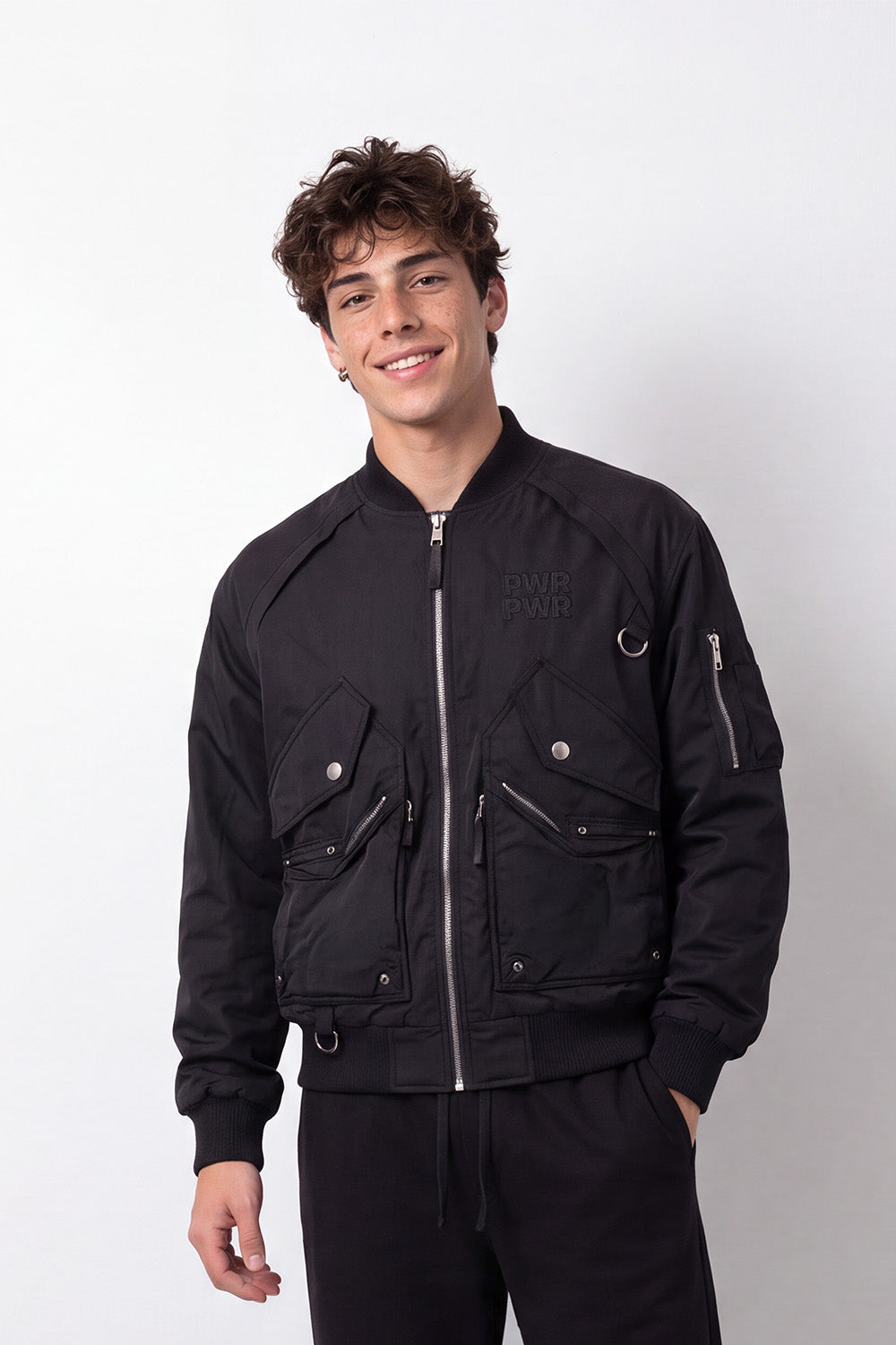 Men's Tomato Store Slim Fit Waterproof Bomber Jacket Utility Sleeve Pocket Embroidered Chest Detail