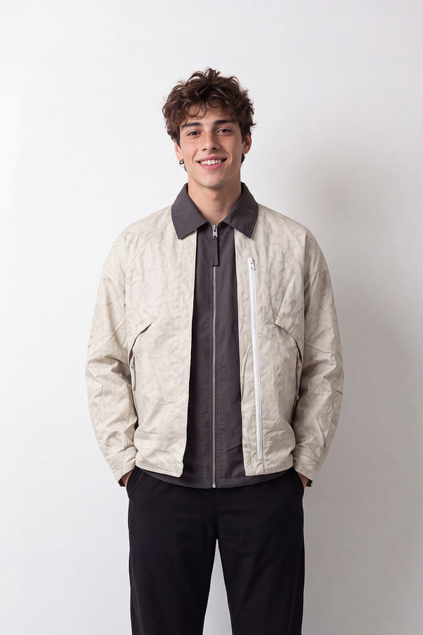 Men's Tomato Store Crinkle Jacket Contrast Collar Layered Zip Slim Fit Waterproof