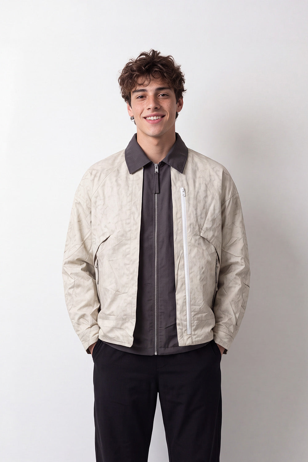 Men's Tomato Store Crinkle Jacket Contrast Collar Layered Zip Slim Fit Waterproof