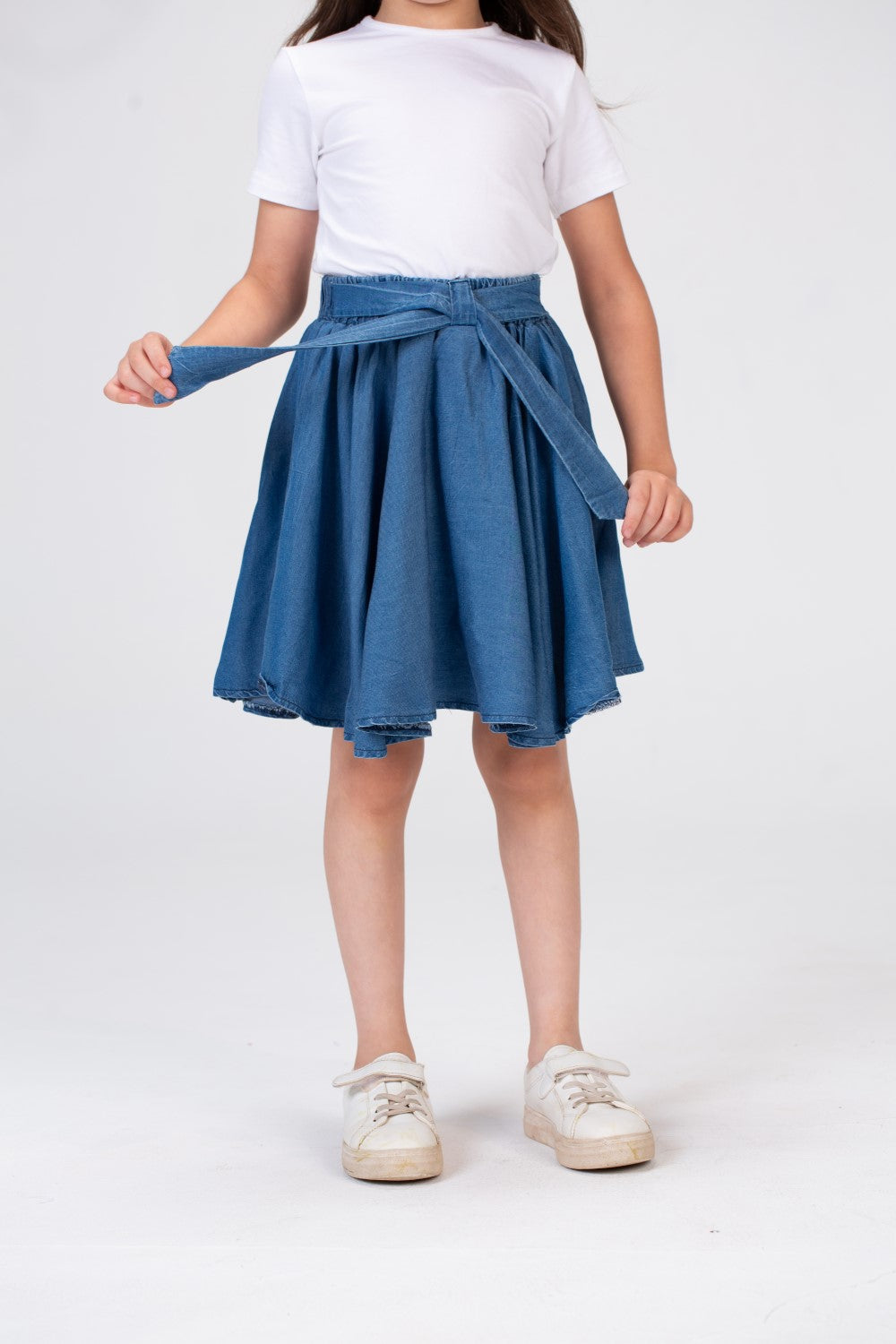 Girls Plain Elastic Waist Gabardine Skirt With A Waist Belt And A Unique Cut