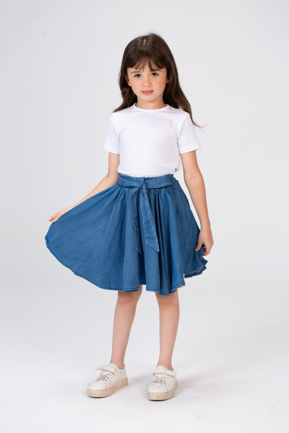 Girls Plain Elastic Waist Gabardine Skirt With A Waist Belt And A Unique Cut