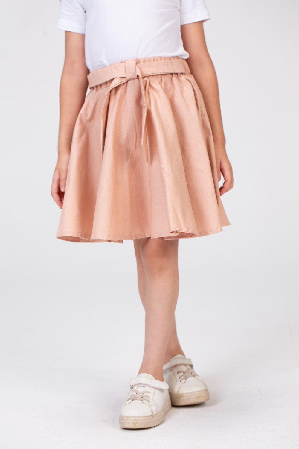 Girls Plain Elastic Waist Gabardine Skirt With A Waist Belt And A Unique Cut