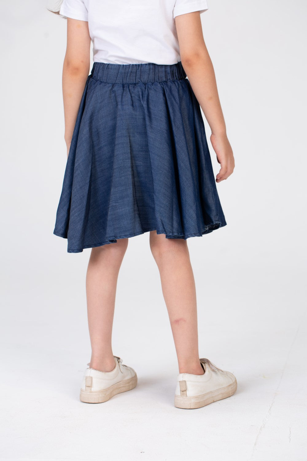 Girls Plain Elastic Waist Gabardine Skirt With A Waist Belt And A Unique Cut