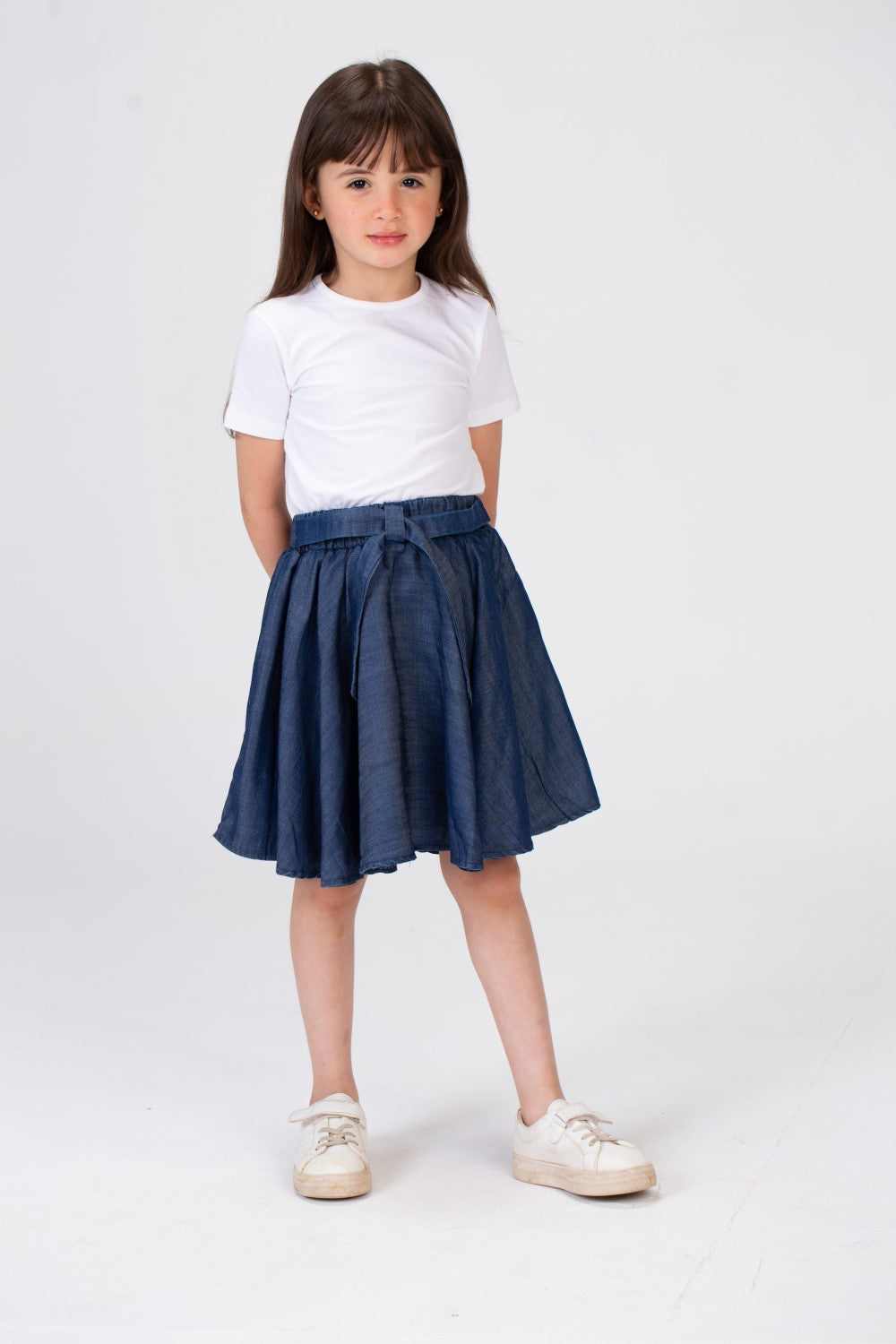 Girls Plain Elastic Waist Gabardine Skirt With A Waist Belt And A Unique Cut