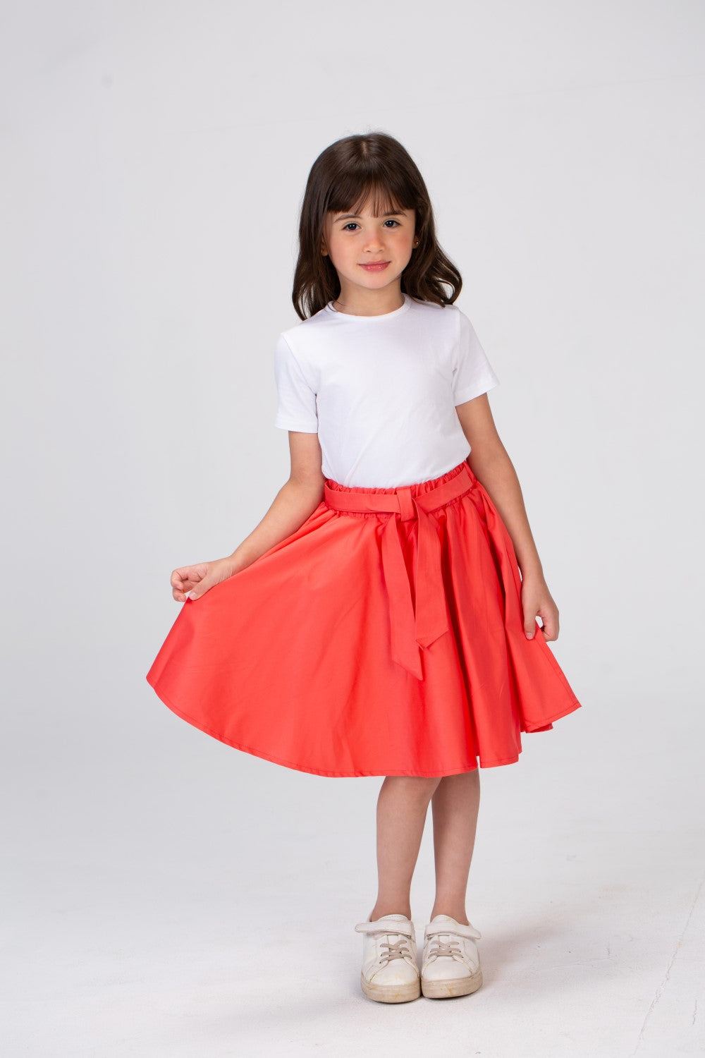 Girls Plain Elastic Waist Gabardine Skirt With A Waist Belt And A Unique Cut