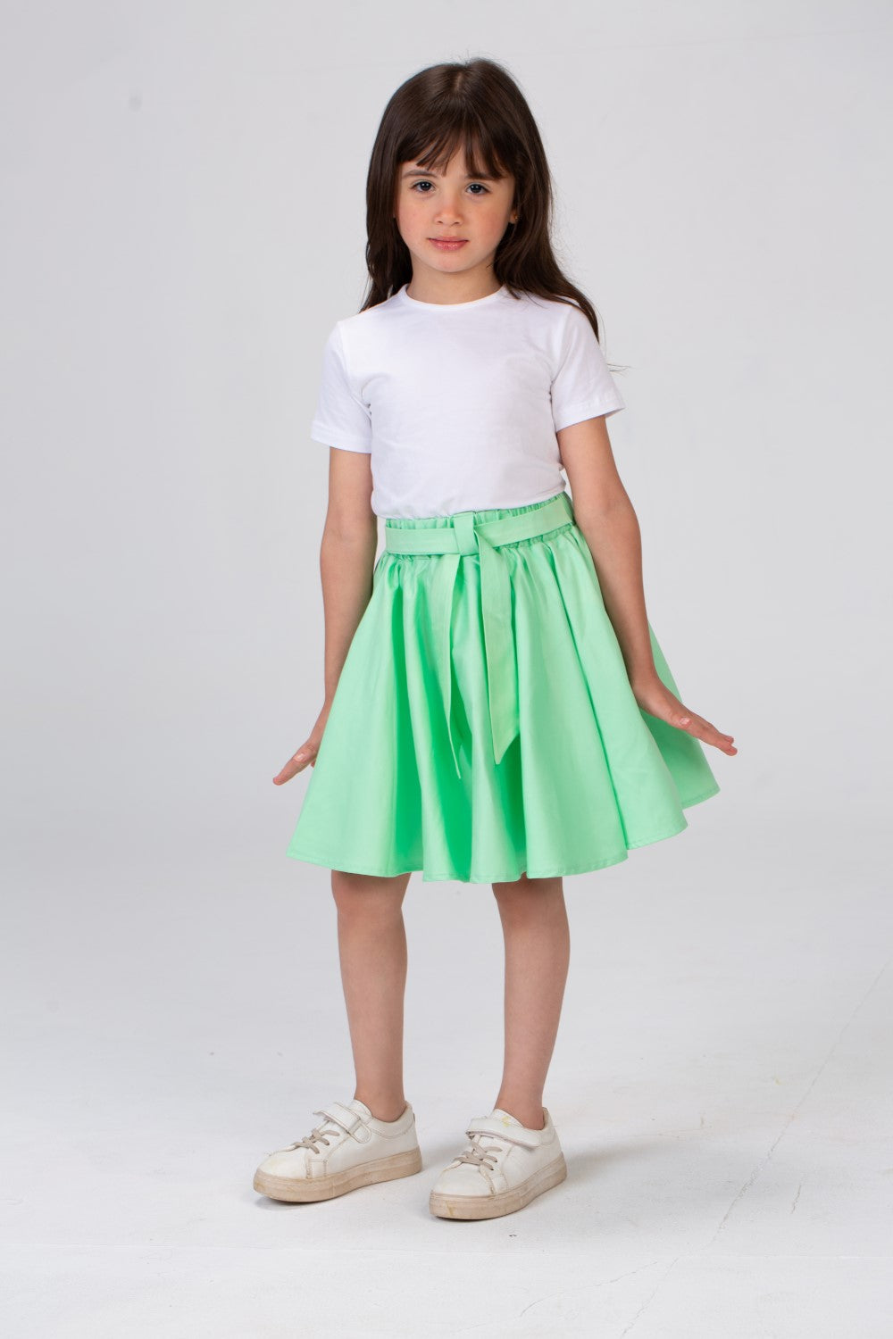 Girls Plain Elastic Waist Gabardine Skirt With A Waist Belt And A Unique Cut