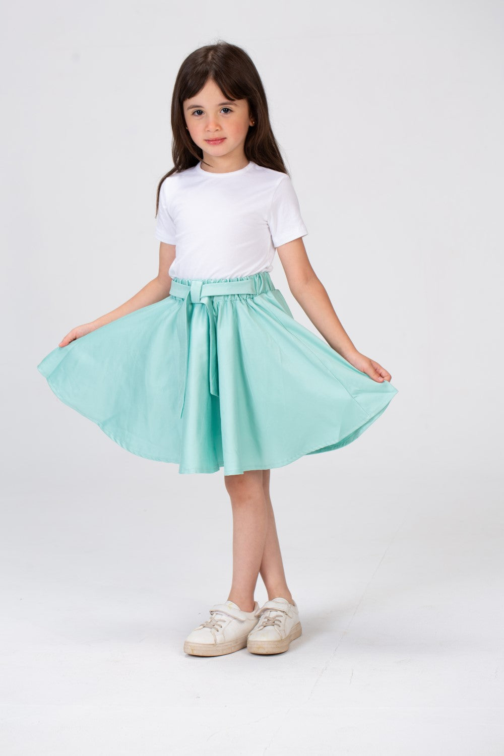 Girls Plain Elastic Waist Gabardine Skirt With A Waist Belt And A Unique Cut