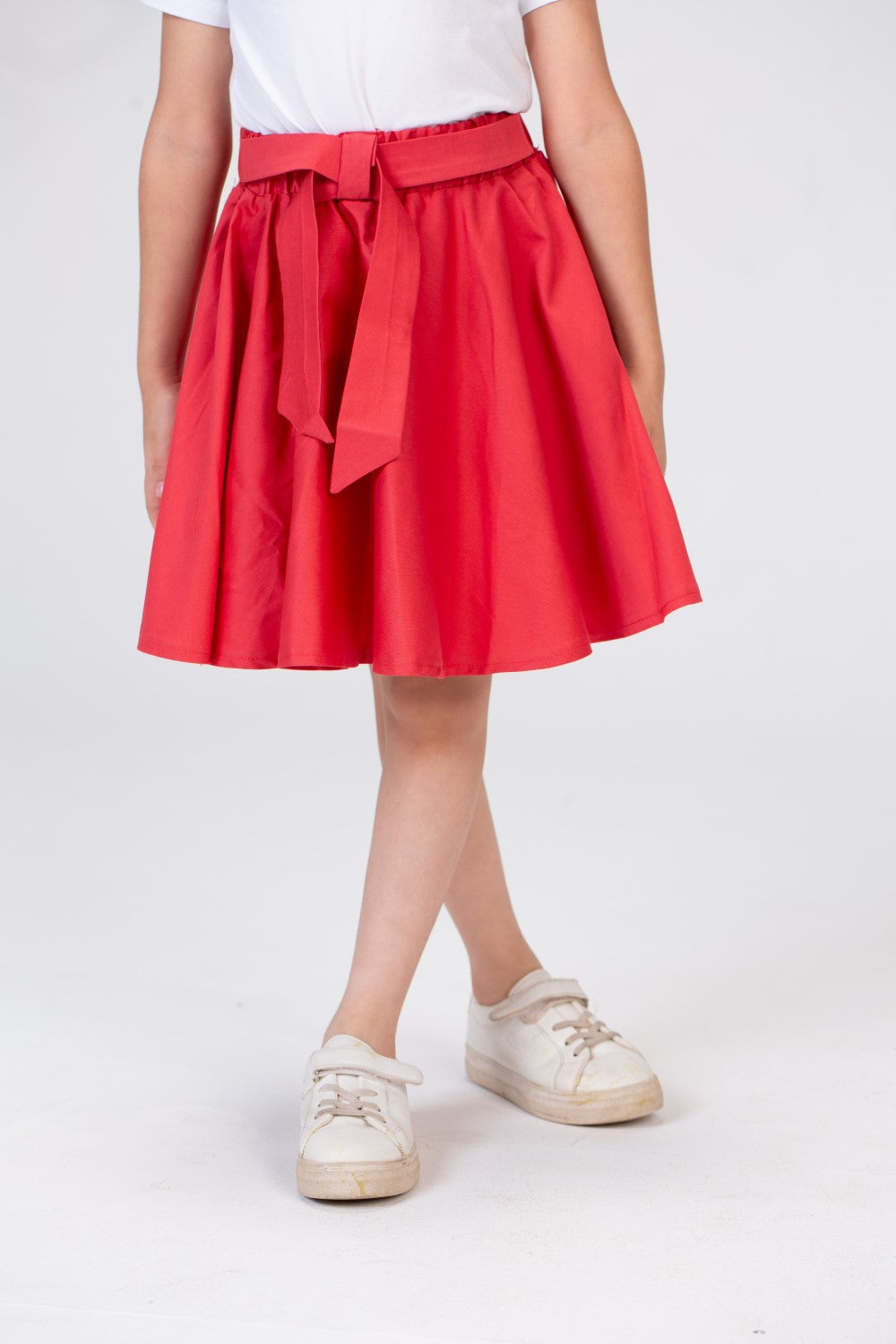 Girls Plain Elastic Waist Gabardine Skirt With A Waist Belt And A Unique Cut