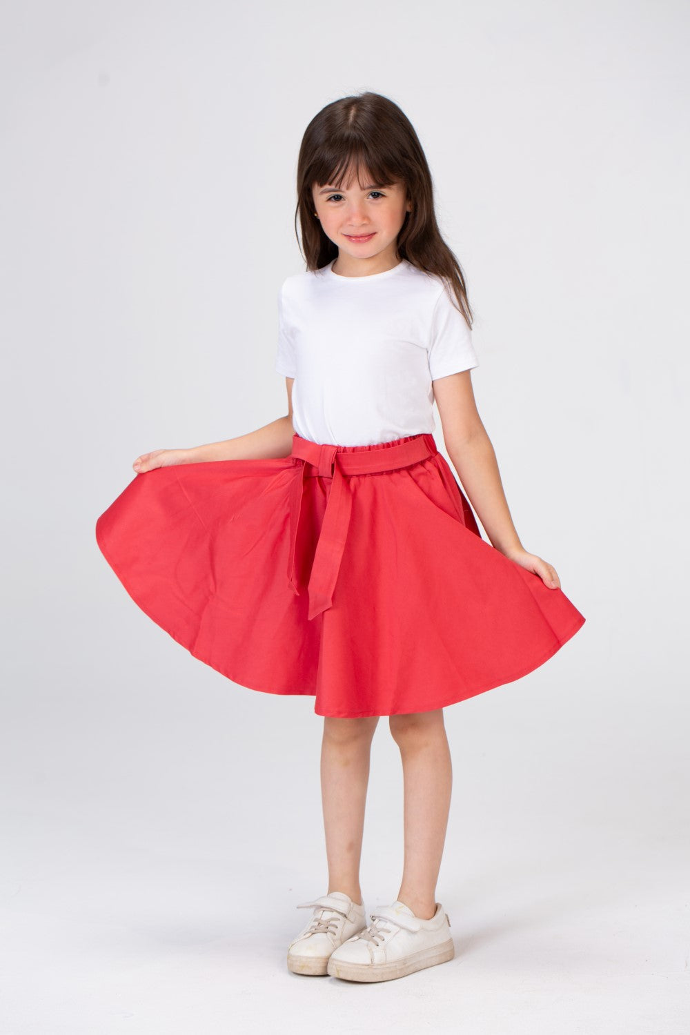 Girls Plain Elastic Waist Gabardine Skirt With A Waist Belt And A Unique Cut